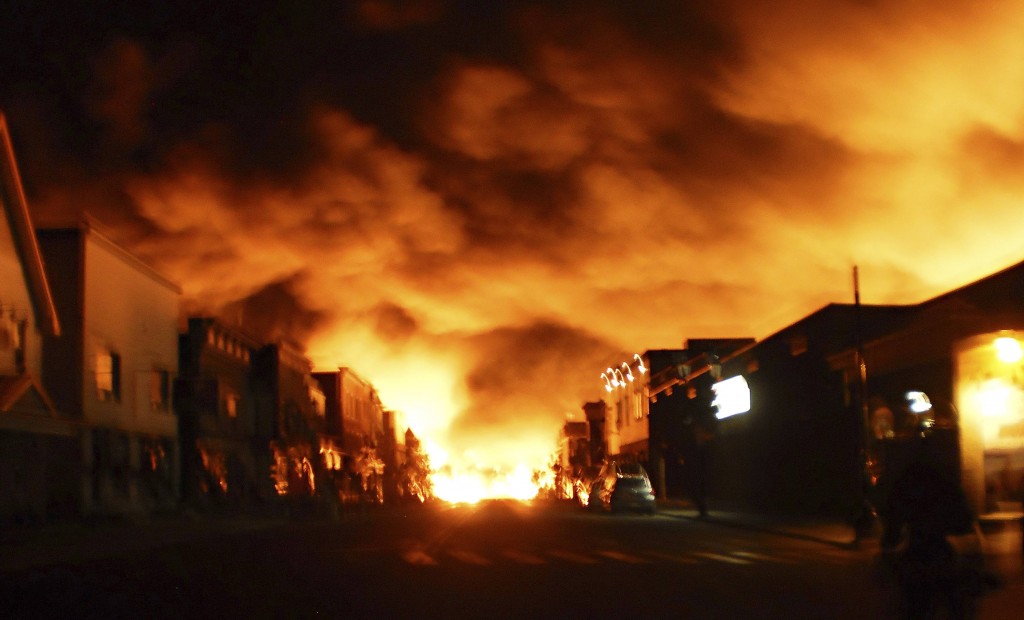 File picture shows fire from a train explosion in Lac-Megantic